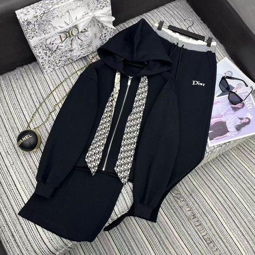 Dior Print Scarf Hoodie and Flare Pants Suit in Two Colors