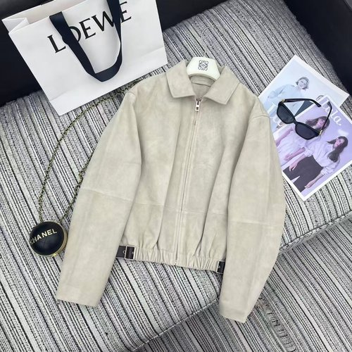 Loewe Suede Sheepskin Collar Jacket with Embroidered Logo Leather Patch