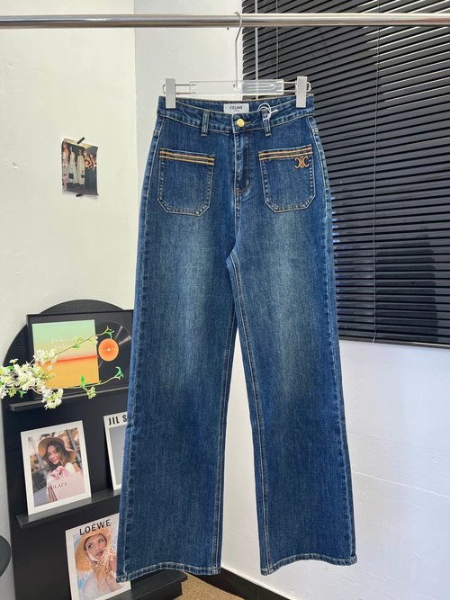 Celine Elastic Straight Jeans with Pocket Embroidered Logo