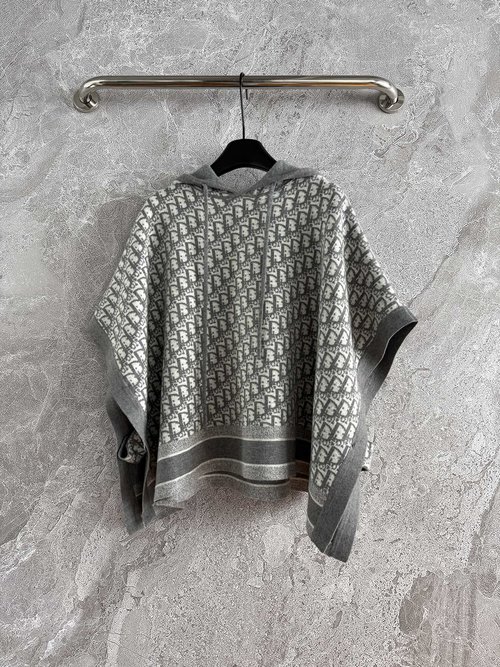 Dior Double-Sided Cashmere Cloak with Classic Damask and Navy Blue Oblique Pattern