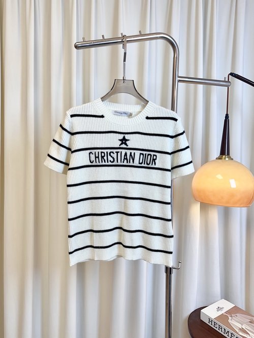 Dior Embroidered Star Logo Wool Striped Short Sleeve, Elegant