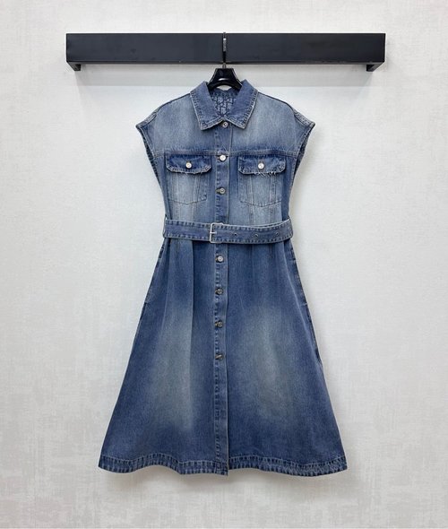 Dior Denim Dress with Collar, Belt and Bee Embroidery