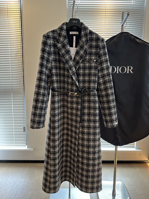 Dior Baiocco Houndstooth Series Wool Overcoat with Leather Belt, Superior Quality