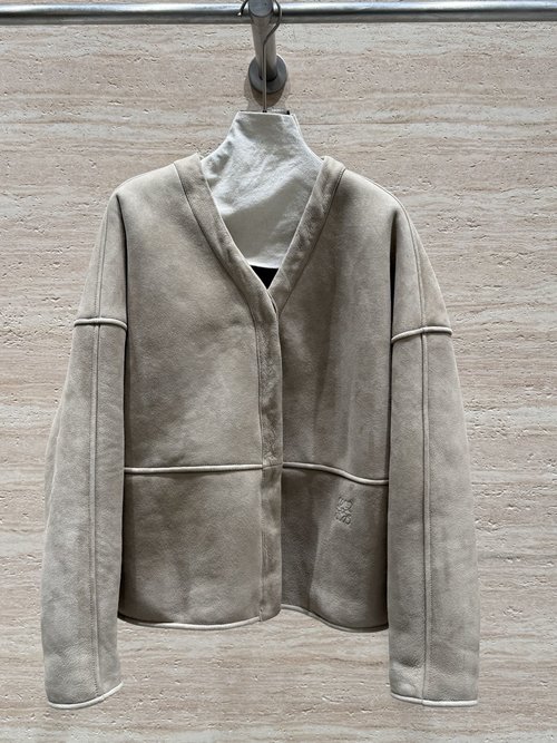 Loewe Fur and Leather Blend Coat with Relaxed Silhouette and Embossed Logo