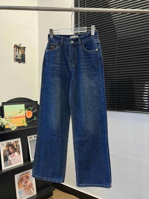 Miu Miu Denim Straight-Leg Patch-Embroidered Pants, Figure-Flattering