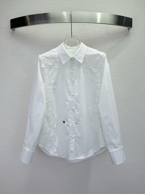 Dior Elegant Long-Sleeve Shirt with Lace and Bee Embroidery