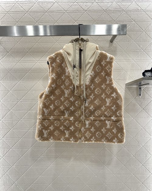 Louis Vuitton Warm Teddy Lamb Hooded Vest with Colorful Details