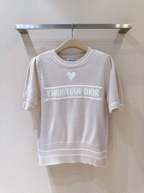 Dior Soft Knit Short-Sleeve Top with Round Neck and Golden Accents