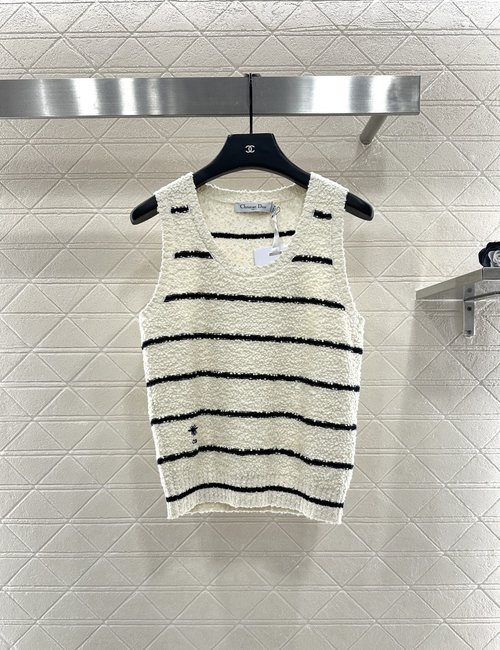 Dior Round-Neck Knit Striped Vest with Bee Embroidery