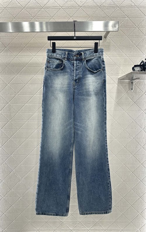 Celine Custom YB Twill Cotton Straight Jeans with Vintage Wash and Leather Patch