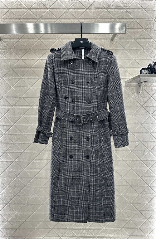 Dior Custom Imported Woolen Checked Double - Breasted Trench Coat