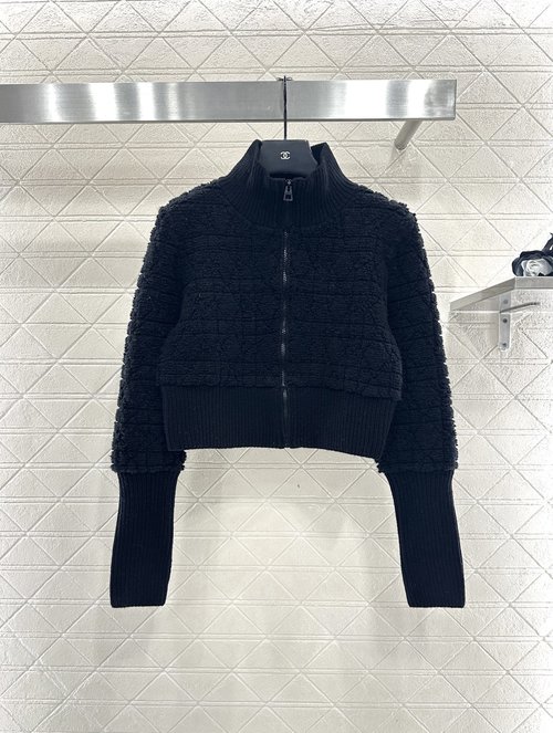 Dior Custom YB Wool Knit Jacquard Zipper Jacket with Ribbed Cuffs