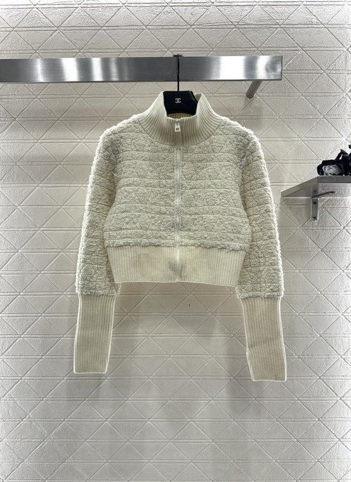 Dior Custom YB Wool Knit Jacquard Zipper Jacket with Ribbed Cuffs