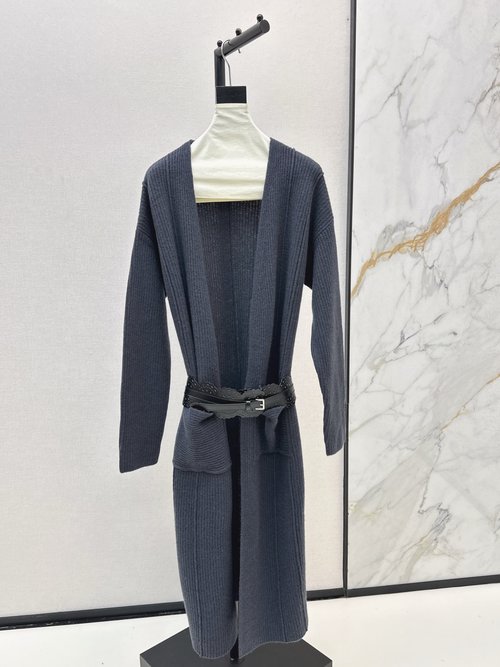 Alaia Minimalist Classic Long Knit Coat with Belt, Three Colors