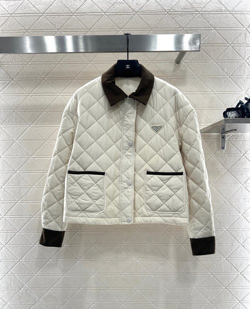 Prada Lightweight Down-Filled Cotton Jacket with Corduroy Collar and Diamond Pattern