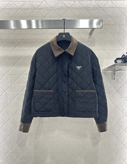 Prada Lightweight Down-Filled Cotton Jacket with Corduroy Collar and Diamond Pattern