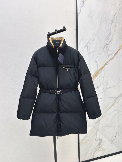 Prada Exclusive Stand Collar Long Down Coat with Triangle Logo and Belt