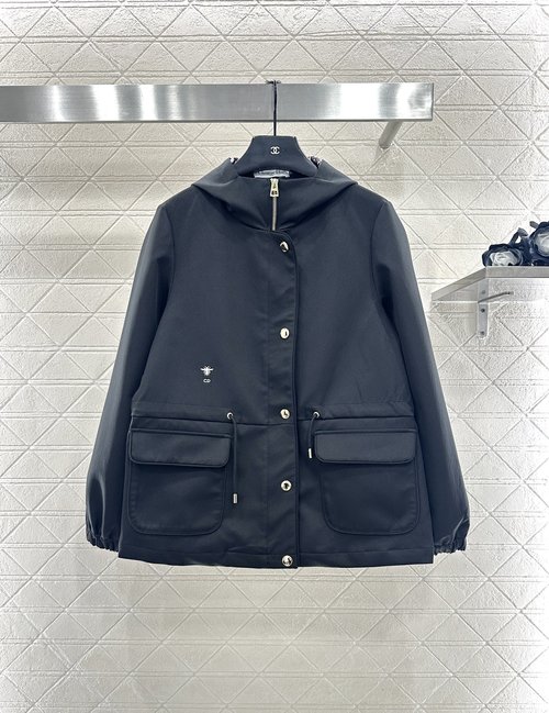 Dior Hooded Drawstring Trench Coat with Letter Jacquard Lining and Luxury Finishes