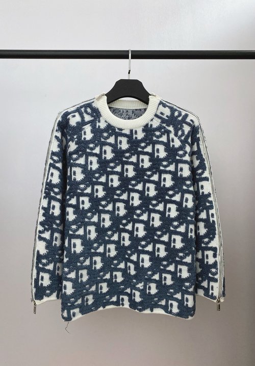 Dior Letter Full-Print Jacquard Sweater with Detachable Sleeve Zippers, Relaxed Style