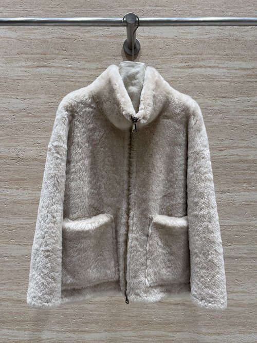 Max Mara South African Imported Lomann Fur Coat with Small Stand-Up Collar