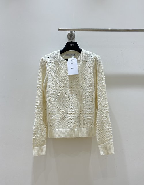 Dior Hollowed-Out Crochet Checkerboard Round-Neck Sweater
