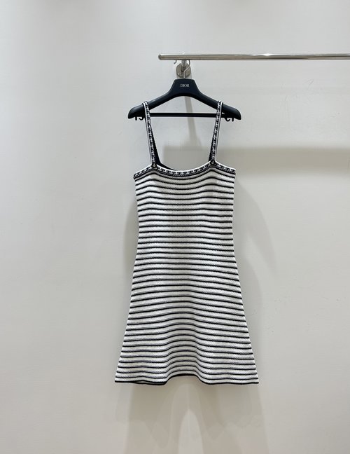 Dior Black and White Striped Dress with Boat Anchor Buttons, Graceful and Timeless