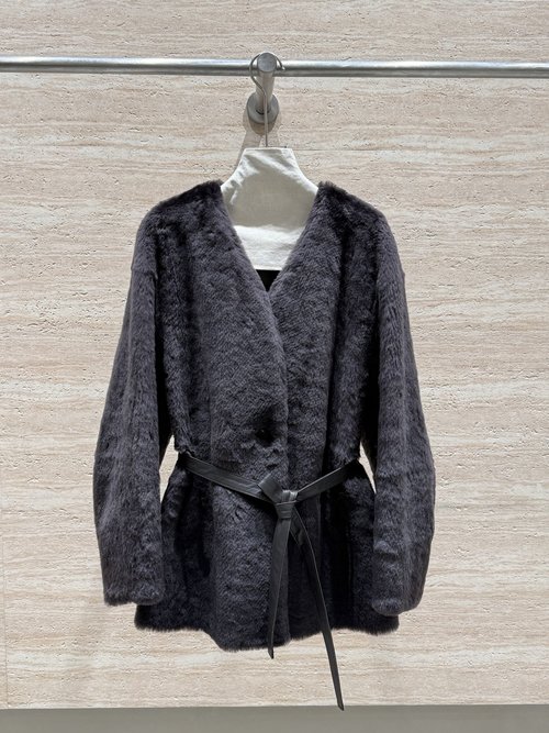 Max Mara Imported South African Lomann Fur Coat with Small V-neck and Belt