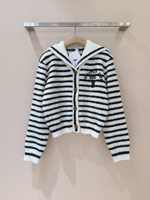 Dior Navy Collar Sweater with Stripes and Golden Buttons, Elegant