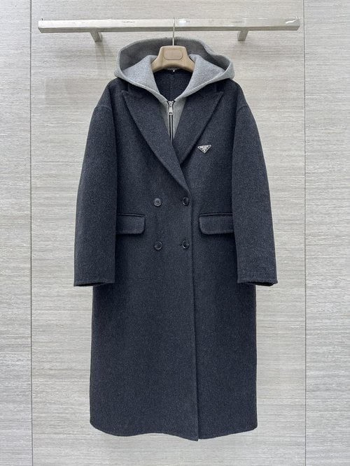 Prada Exclusive Double-Layer Collared Spliced Western-style Coat with Handmade Craftsmanship