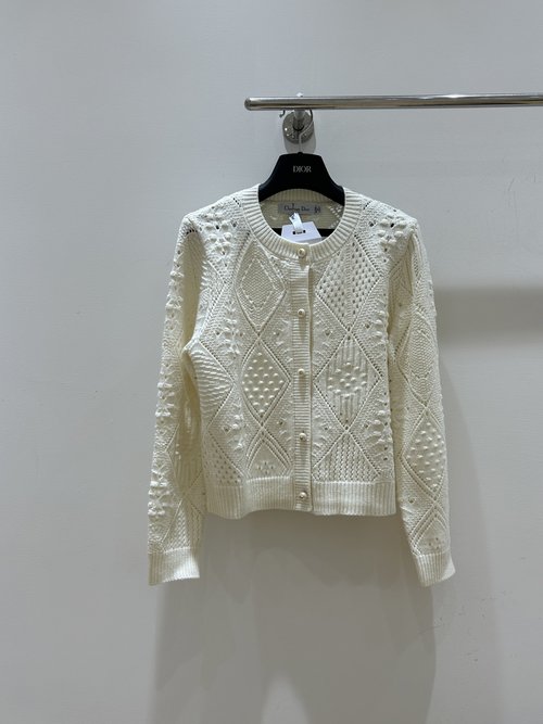 Dior Hollowed-Out Crochet Checkerboard Pearl-Button Cardigan