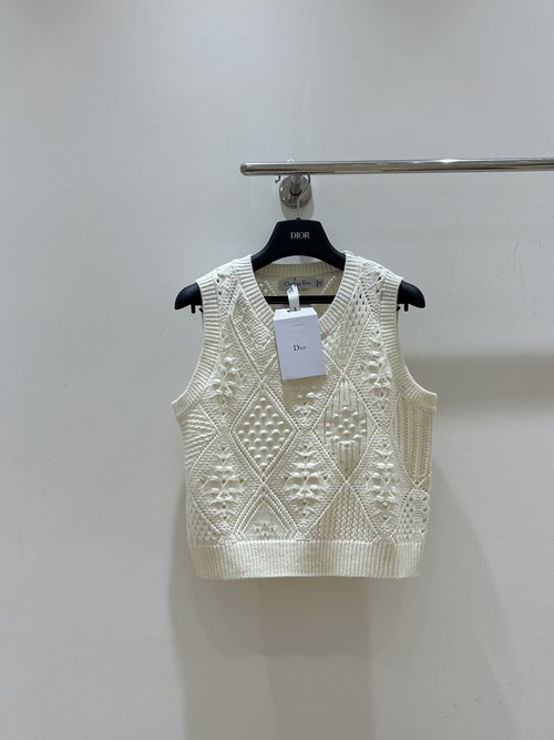 Dior Hollowed-Out Crochet Checkerboard Sleeveless Sweater