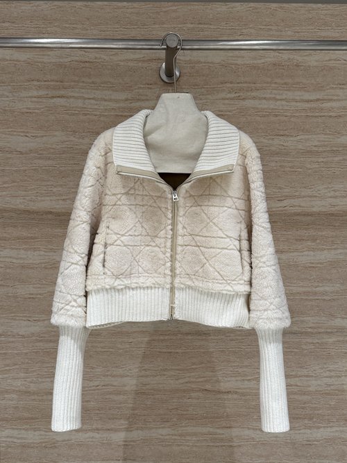 Dior Furry Collared Coat with Knit Sleeves and Tartan Design, Classic Elegance