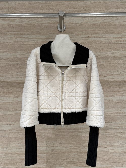 Dior Furry Collared Coat with Knit Sleeves and Tartan Design, Refined Appearance