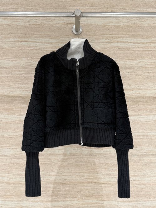 Dior Furry Collared Coat with Knit Sleeves and Tartan Design, Elegant Fashion