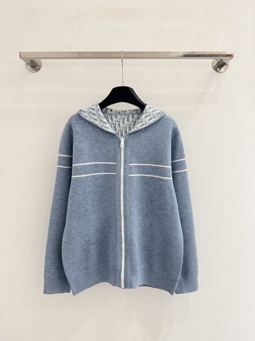 Dior Light Blue Knit Hooded Cardigan with Drop - shoulder Sleeves