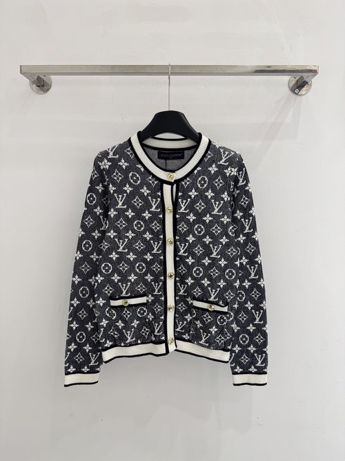 Louis Vuitton Classic Monogram Cardigan with Gold Accents, Timeless Sophistication