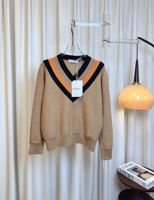 Valentino Custom-Woven Wool V-Neck Top with Metal Buckle Logo, Good Texture