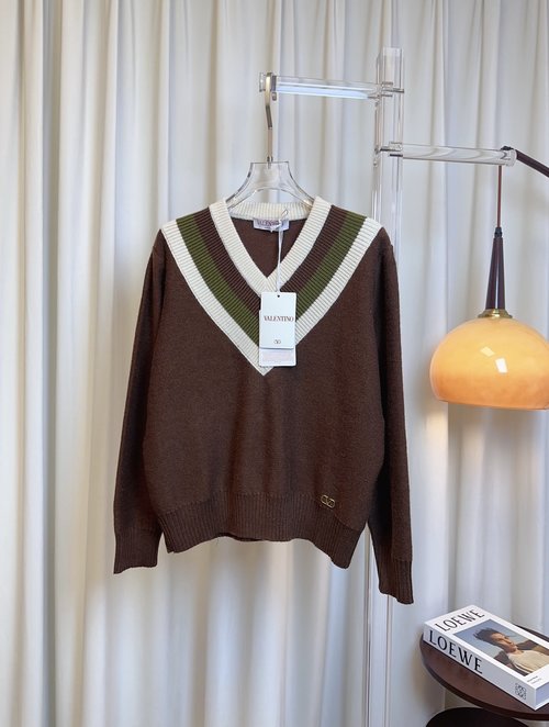 Valentino Custom-Woven Wool V-Neck Top with Metal Buckle Emblem, High-Quality Texture