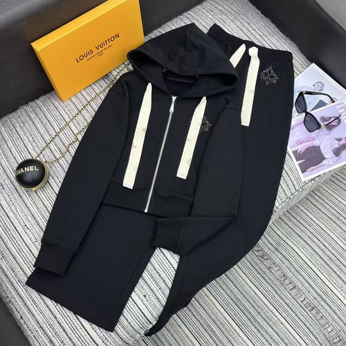 Louis Vuitton LOU New Hooded Sweatshirt and Straight-Leg Pants Set with Rhinestone Logo