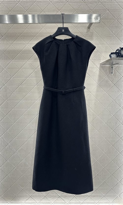 Dior Pleated Silhouette Belted Dress, Imported Textured Fabric