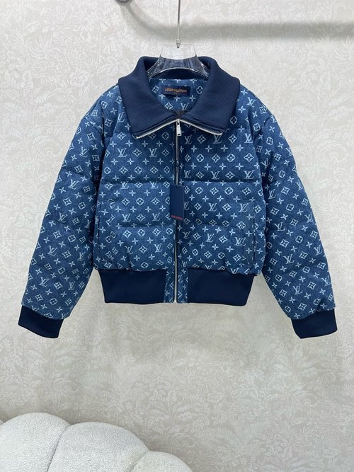 Louis Vuitton Denim Down Jacket with Logo Jacquard and Drawstring Hem