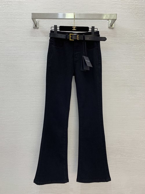 Yves Saint Laurent Custom Stretch Denim Embroidered Logo Flared Jeans with Belt