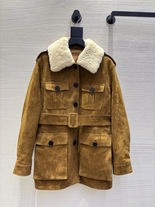 Yves Saint Laurent Suede Down Jacket with Lamb Wool Collar and Multiple Pockets