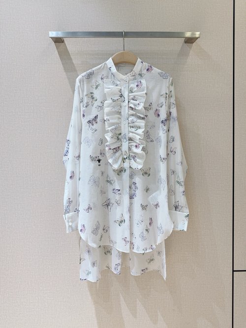 Dior Chic Butterfly Print Ruffled Collar Shirt with Unique Hem
