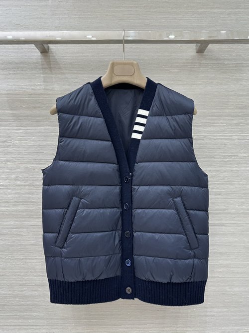 Thom Browne TB Knitted Spliced Down Vest, Lightweight and Streamlined in Classic H-Style