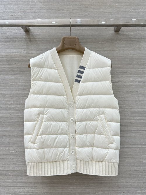 Thom Browne TB Knitted Spliced Down Vest, Lightweight and Streamlined in Classic H-Style