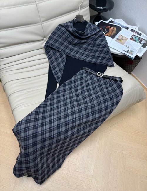 Dior Stylish Three-piece Set: Long-sleeve Stand-collar Top, Plaid Skirt and Shawl