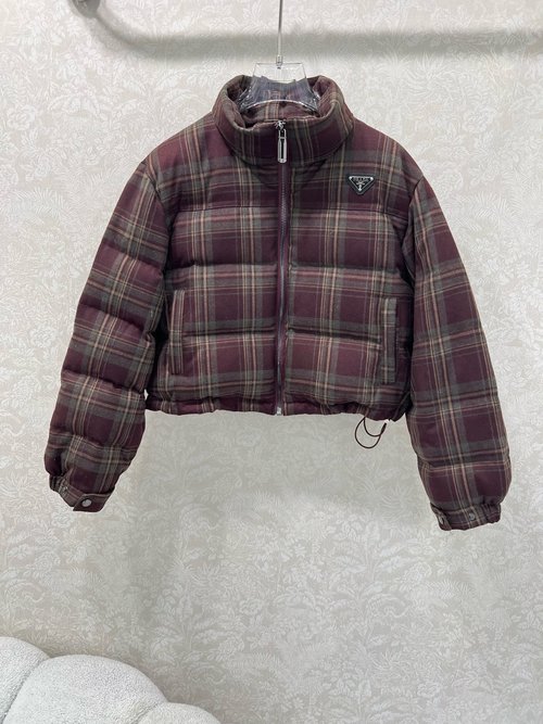 Prada Small Collar Checked Down Coat, Maillard Color Scheme, Stylish