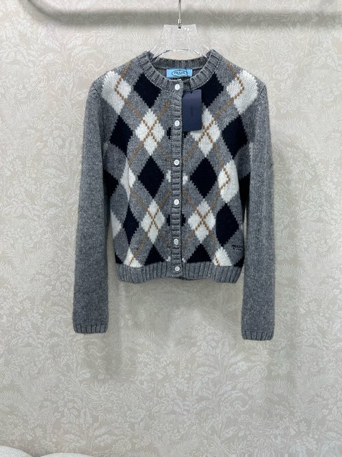 Prada Baroque Checked Cashmere Knit Cardigan, Retro and Chic