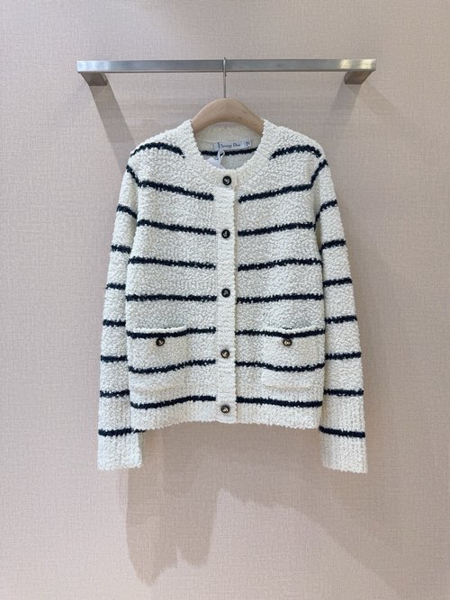 Dior Stripe Knit Cardigan with Metal Buttons and Pockets